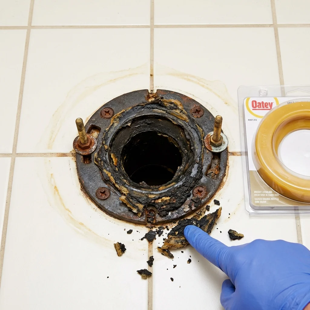 Failed wax ring showing water seepage at the base of a toilet in a Geneva, NY home