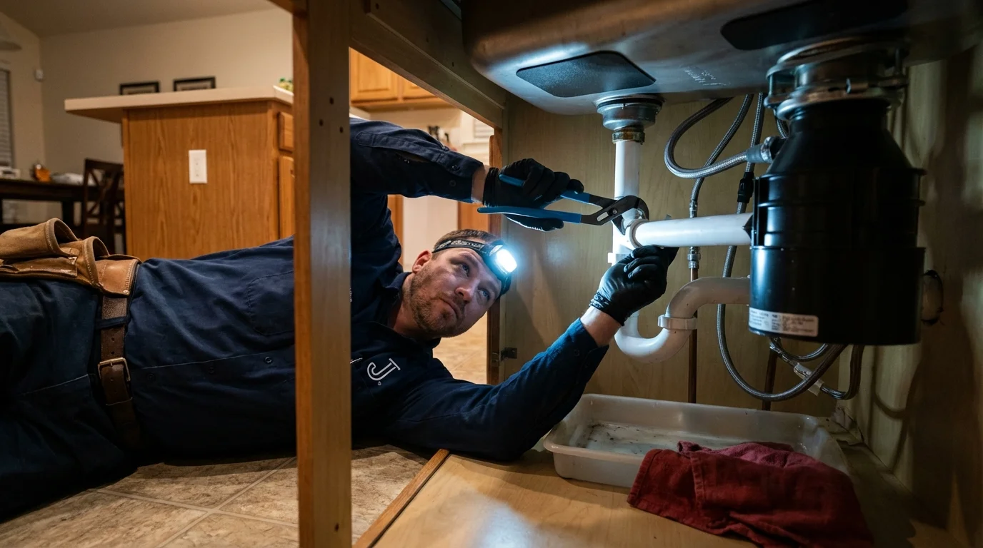 P-trap and supply line connections under a kitchen sink showing a common leak point in Geneva, NY